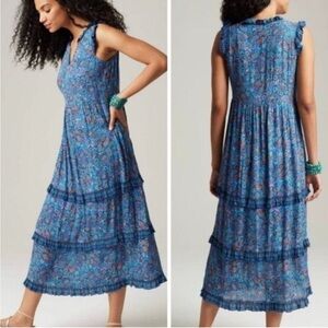 J. Jill Midi Ruffled Blue Paisley Coastal Prairie Dress Sleeveless Petite L